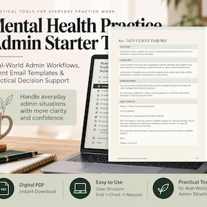 Op de afbeelding: Een digitale administratieve starterskit voor een praktijk in de geestelijke gezondheidszorg op een laptopscherm, met een sjabloon voor nieuwe cliëntaanvragen inclusief secties voor situatie, controle, grenzen en e-mail, plus tekst en iconen.