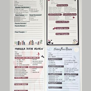May include: Four rectangular paper book review templates featuring distinct themes. The top left is a general Book Review, top right is a Romance Book Review, bottom left is a Thriller Book Review with blood splatters, and bottom right is a Horror Book Review.