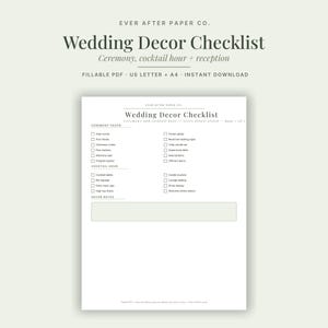 Puede incluir: Una lista de verificación de decoración de bodas digital con secciones para la ceremonia, la hora del cóctel y la recepción. La página blanca incluye casillas de verificación para artículos como pasillos, arreglos florales y letreros.