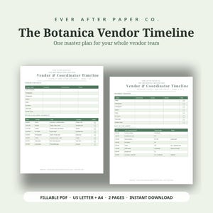 Może przedstawiać: Dwie strony Botanica Vendor Timeline od Ever After Paper Co. zawierające harmonogram dostawców i koordynatorów z listami kontaktów, planami ustawień, śledzeniem płatności i arkuszami zadań w kolorze ciemnozielonym i białym na jasnym tle.
