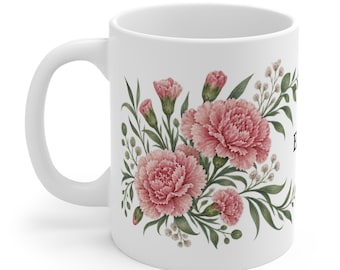 January Birth Flower Mug | Personalized Carnation Watercolor Wrap | 11oz