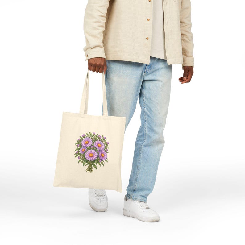 September Birth Flower Tote Bag | Watercolor Aster Bouquet | Natural Cotton Canvas image 4