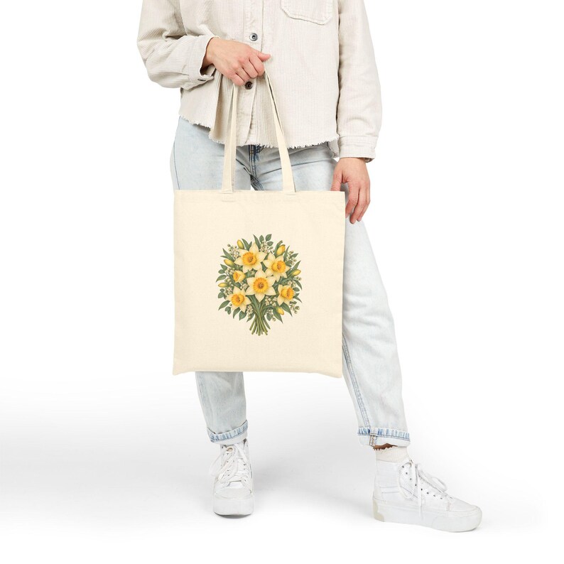 March Birth Flower Tote Bag | Watercolor Daffodil Bouquet | Natural Cotton Canvas image 6