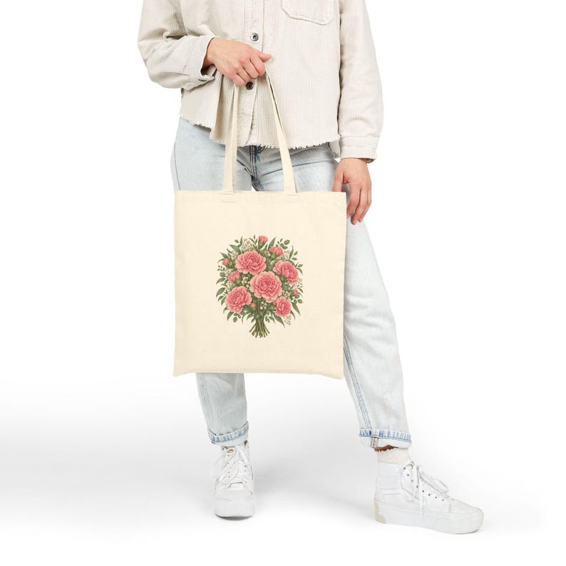 January Birth Flower Tote Bag | Watercolor Carnation Bouquet | Natural Cotton Canvas image 6