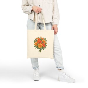October Birth Flower Tote Bag | Watercolor Marigold Bouquet | Natural Cotton Canvas image 6