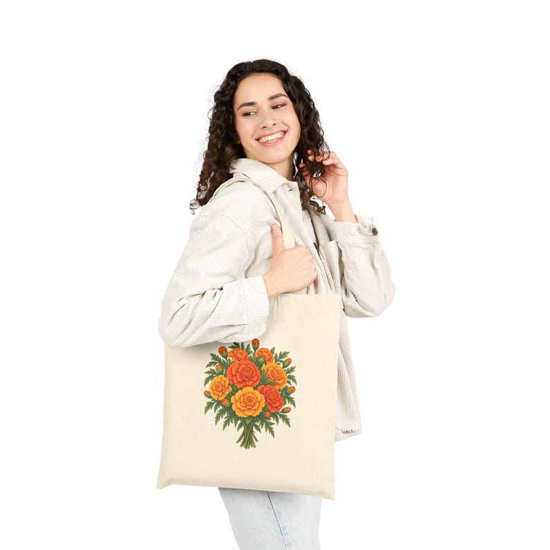October Birth Flower Tote Bag | Watercolor Marigold Bouquet | Natural Cotton Canvas image 5