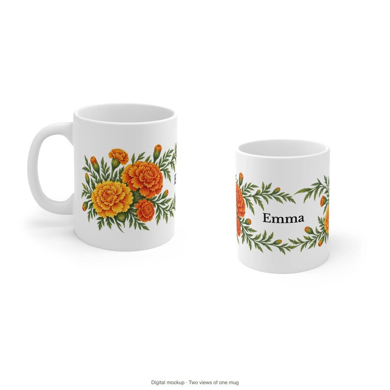 October Birth Flower Mug | Personalized Marigold Watercolor Wrap | 11oz image 10