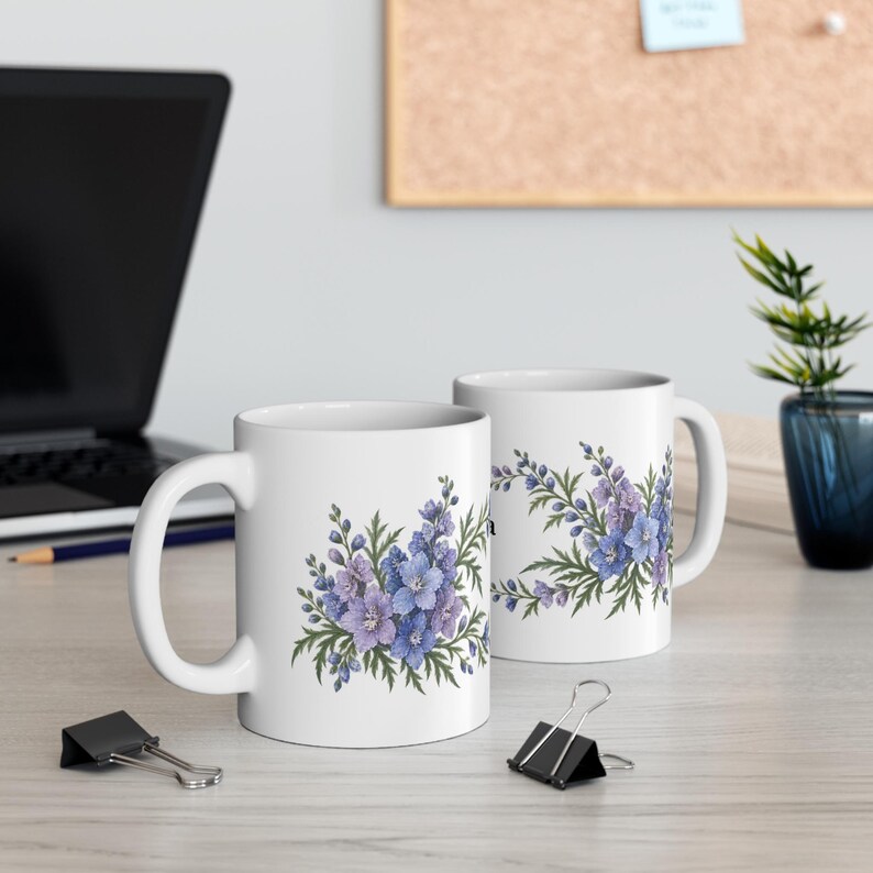 July Birth Flower Mug | Personalized Larkspur Watercolor Wrap | 11oz image 5