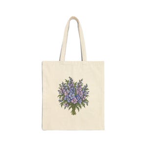 July Birth Flower Tote Bag | Watercolor Larkspur Bouquet | Natural Cotton Canvas image 1