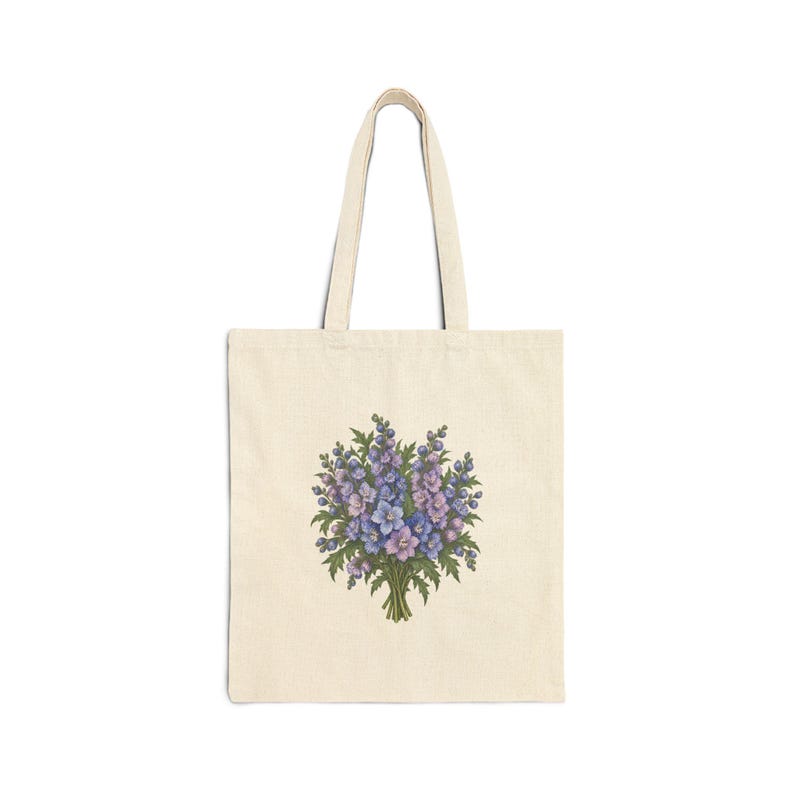 July Birth Flower Tote Bag | Watercolor Larkspur Bouquet | Natural Cotton Canvas image 1