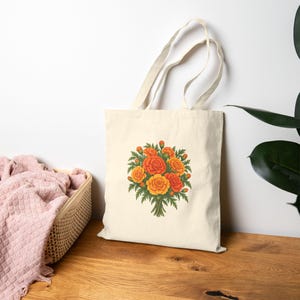 October Birth Flower Tote Bag | Watercolor Marigold Bouquet | Natural Cotton Canvas image 8