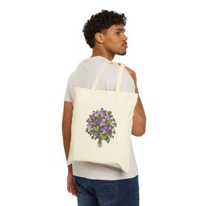 February Birth Flower Tote Bag | Watercolor Violet Bouquet | Natural Cotton Canvas image 3