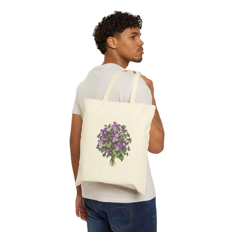 February Birth Flower Tote Bag | Watercolor Violet Bouquet | Natural Cotton Canvas image 3