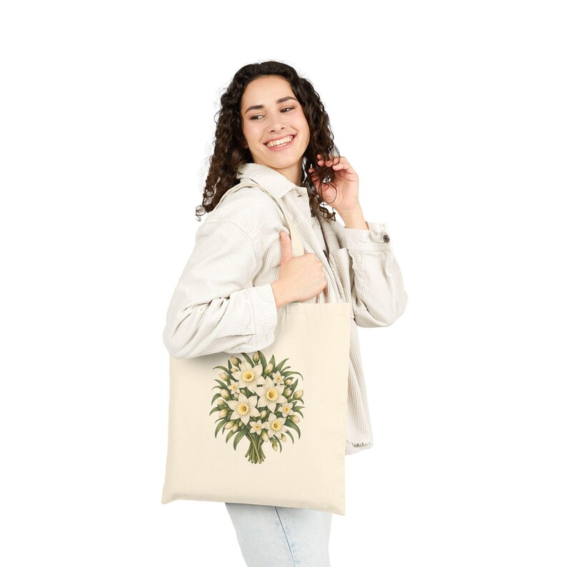 December Birth Flower Tote Bag | Watercolor Narcissus Bouquet | Natural Cotton Canvas image 5