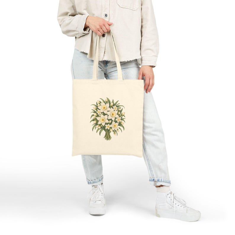 December Birth Flower Tote Bag | Watercolor Narcissus Bouquet | Natural Cotton Canvas image 6