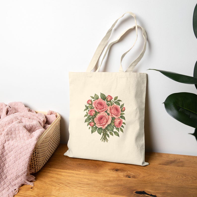 June Birth Flower Tote Bag | Watercolor Rose Bouquet | Natural Cotton Canvas image 8