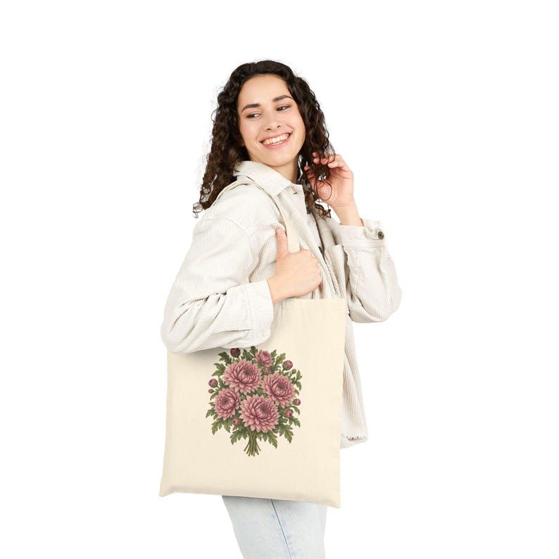 November Birth Flower Tote Bag | Watercolor Chrysanthemum Bouquet | Natural Cotton Canvas image 5