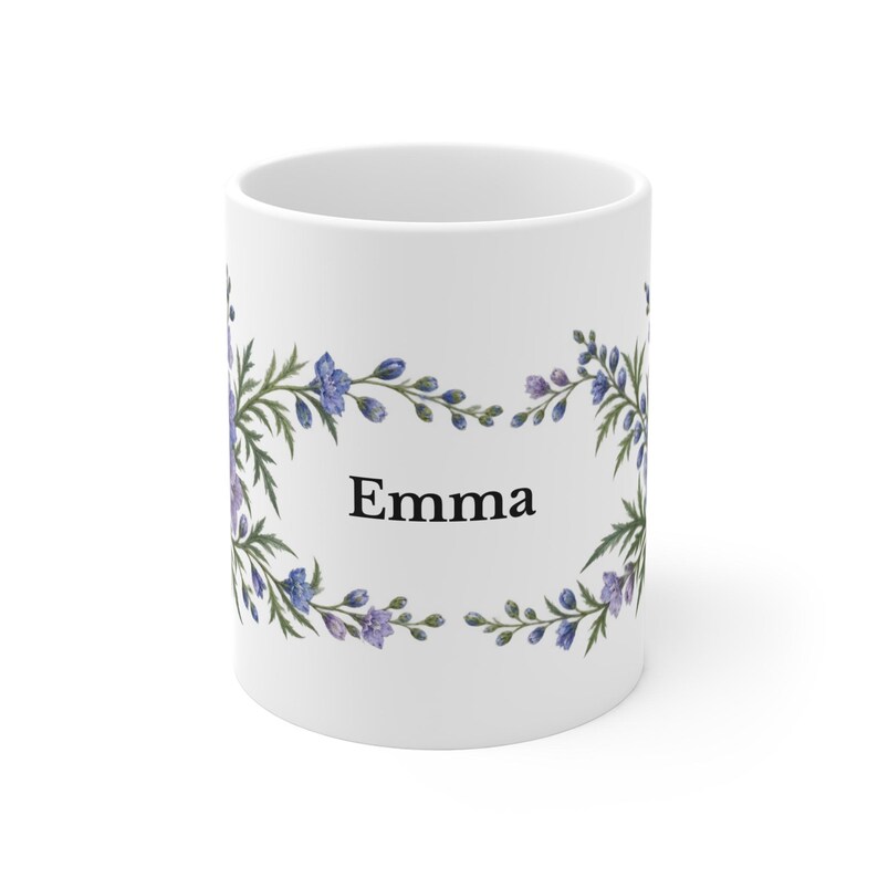 July Birth Flower Mug | Personalized Larkspur Watercolor Wrap | 11oz image 2