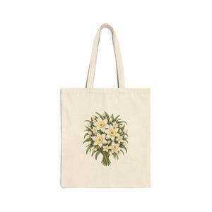 December Birth Flower Tote Bag | Watercolor Narcissus Bouquet | Natural Cotton Canvas image 1