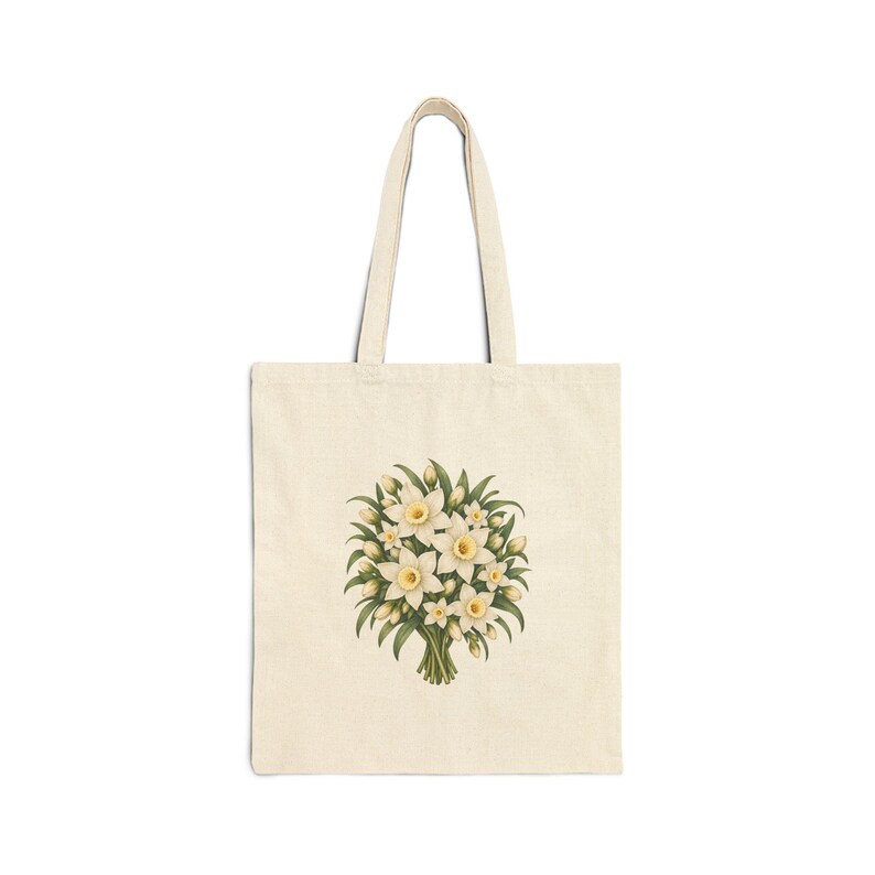 December Birth Flower Tote Bag | Watercolor Narcissus Bouquet | Natural Cotton Canvas image 1