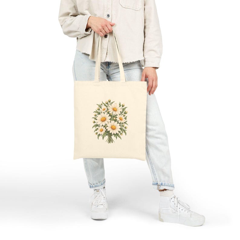 April Birth Flower Tote Bag | Watercolor Daisy Bouquet | Natural Cotton Canvas image 6