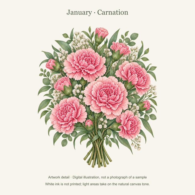 January Birth Flower Tote Bag | Watercolor Carnation Bouquet | Natural Cotton Canvas image 11