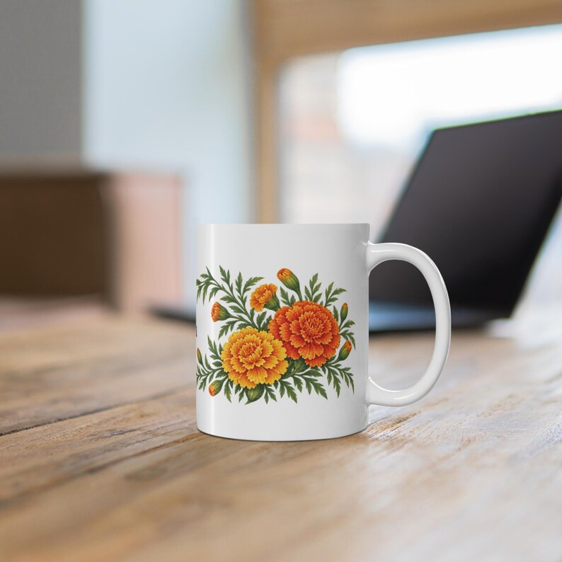 October Birth Flower Mug | Personalized Marigold Watercolor Wrap | 11oz image 6