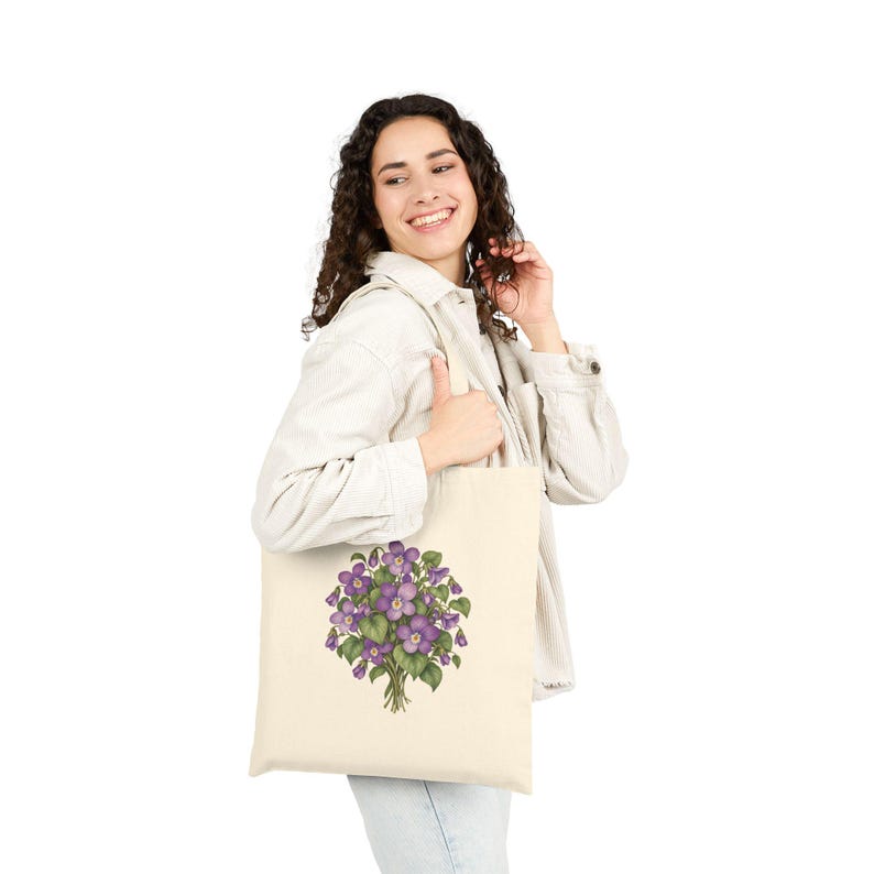 February Birth Flower Tote Bag | Watercolor Violet Bouquet | Natural Cotton Canvas image 5