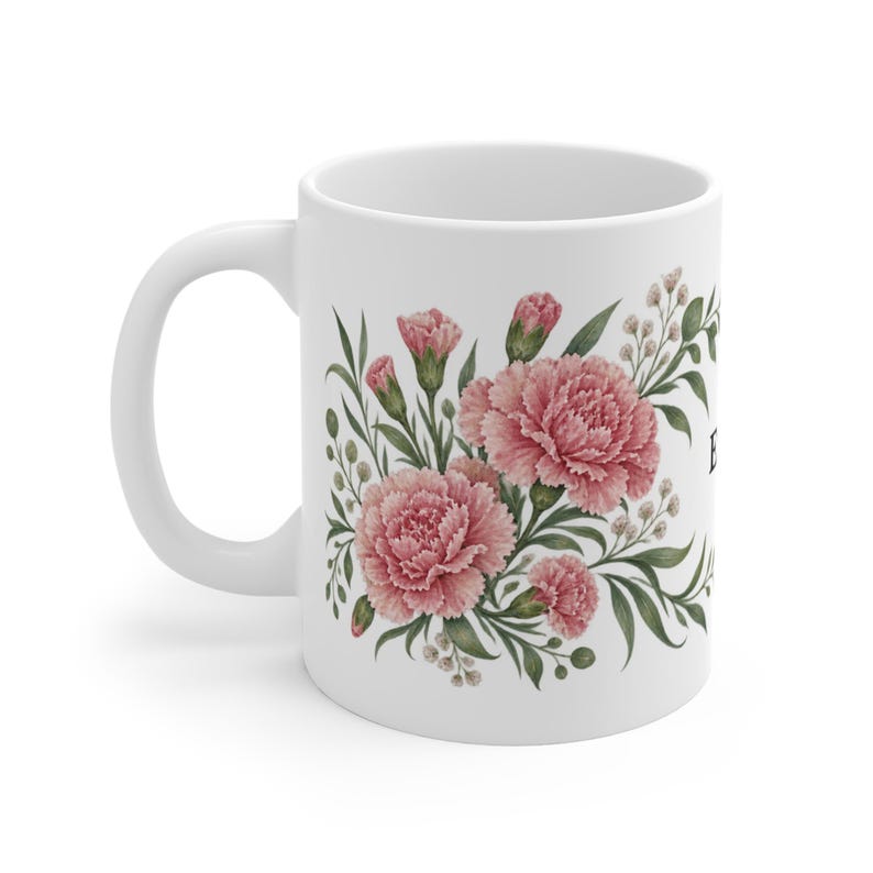 January Birth Flower Mug | Personalized Carnation Watercolor Wrap | 11oz image 1
