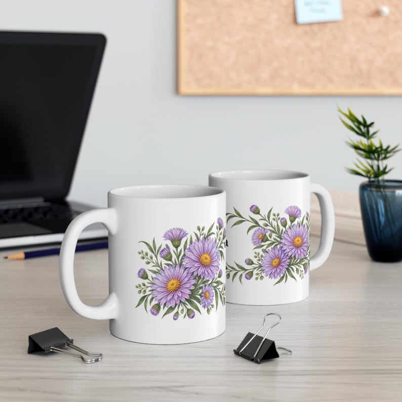 September Birth Flower Mug | Personalized Aster Watercolor Wrap | 11oz image 5