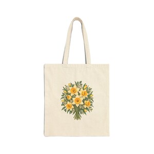 March Birth Flower Tote Bag | Watercolor Daffodil Bouquet | Natural Cotton Canvas image 1