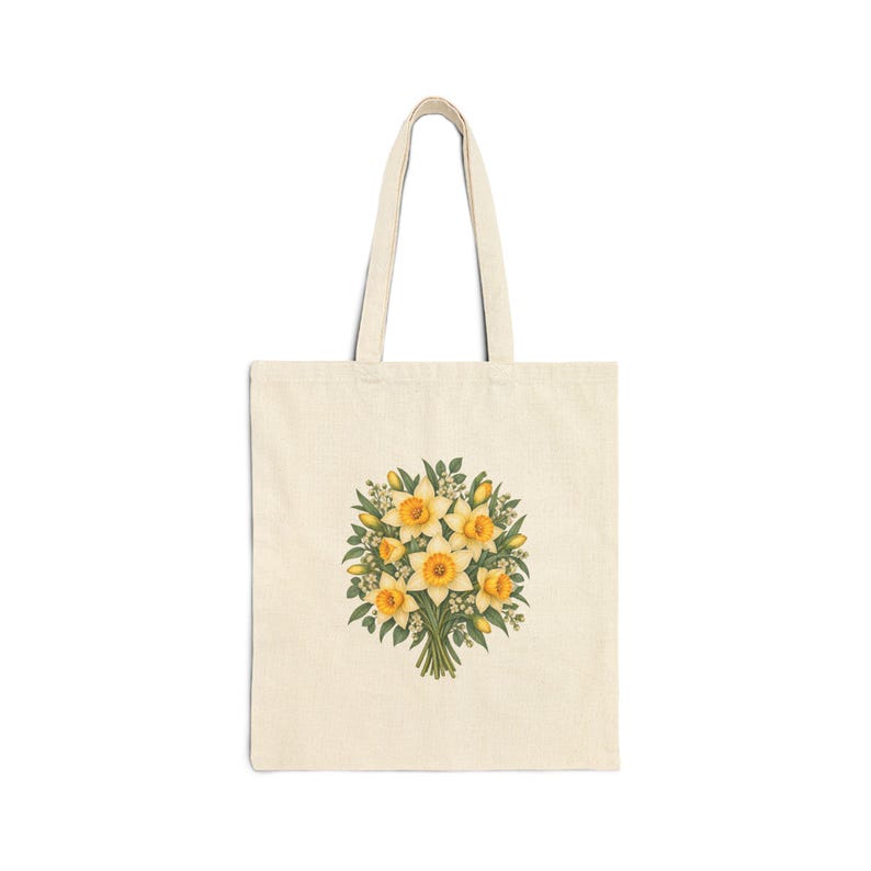 March Birth Flower Tote Bag | Watercolor Daffodil Bouquet | Natural Cotton Canvas image 1