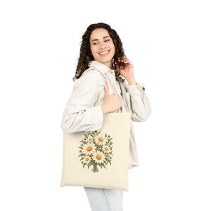 April Birth Flower Tote Bag | Watercolor Daisy Bouquet | Natural Cotton Canvas image 5