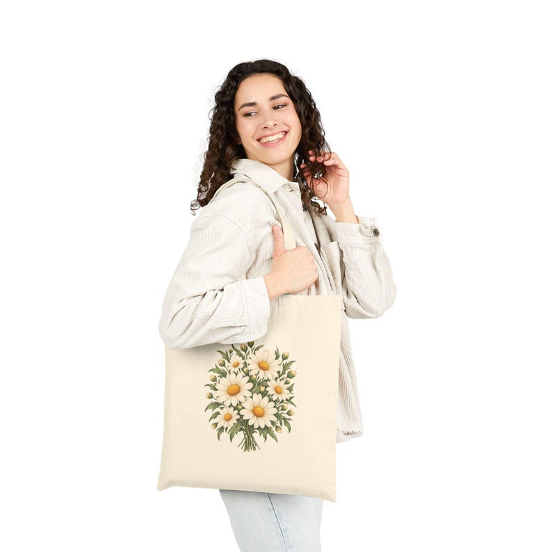April Birth Flower Tote Bag | Watercolor Daisy Bouquet | Natural Cotton Canvas image 5