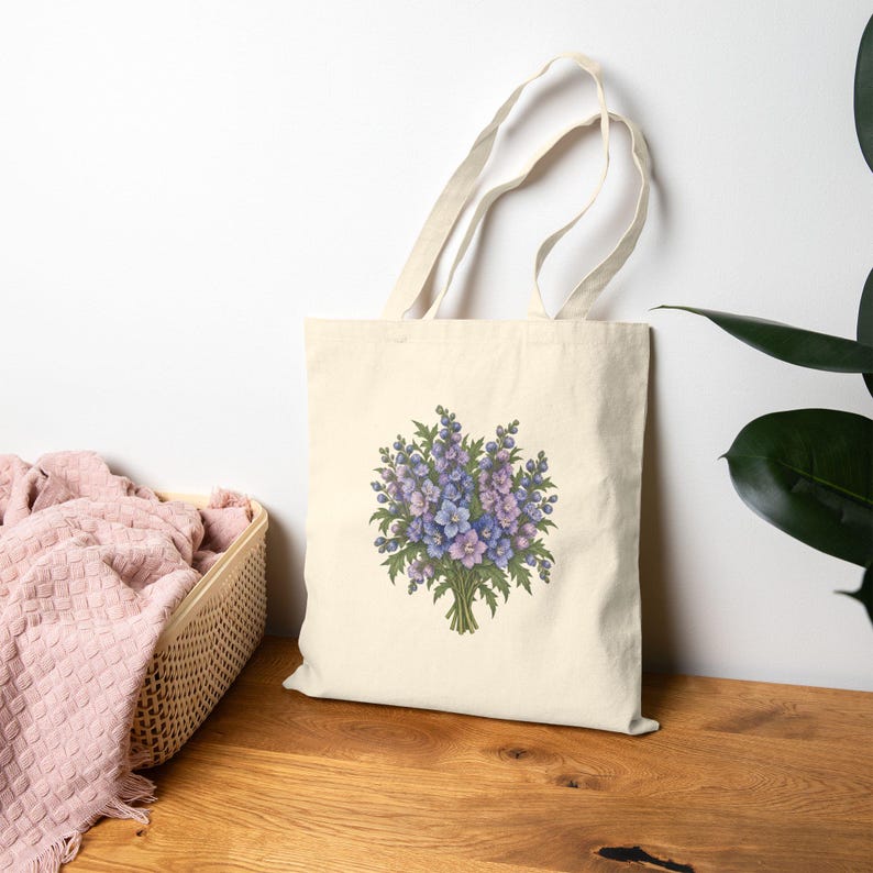 July Birth Flower Tote Bag | Watercolor Larkspur Bouquet | Natural Cotton Canvas image 8