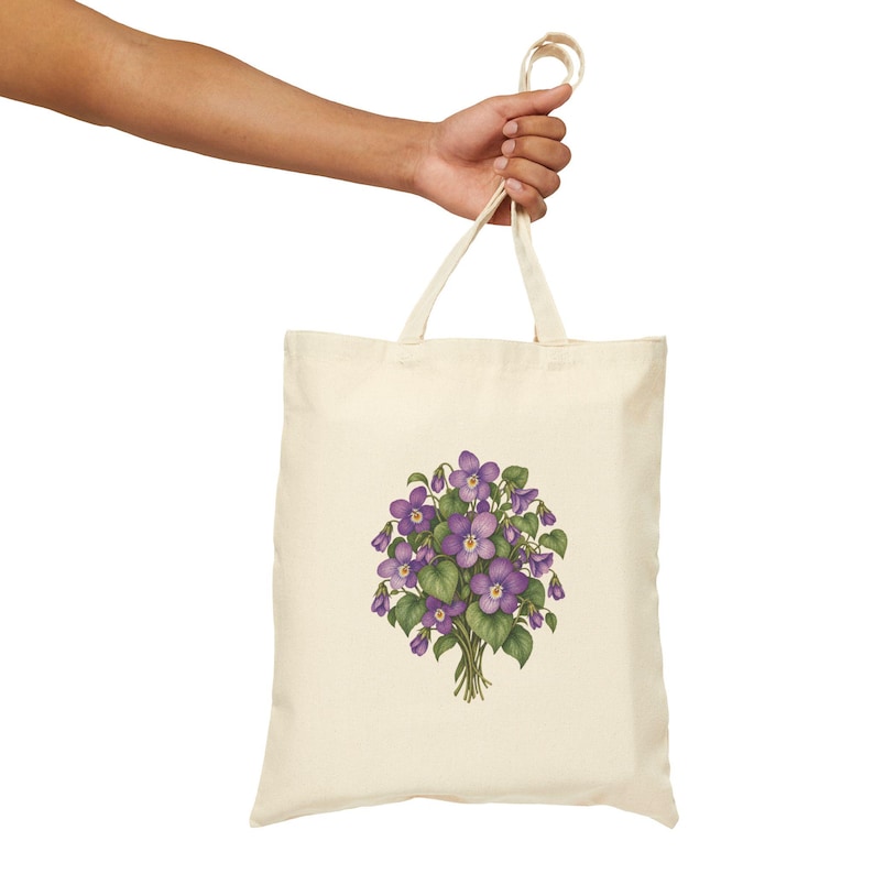 February Birth Flower Tote Bag | Watercolor Violet Bouquet | Natural Cotton Canvas image 7