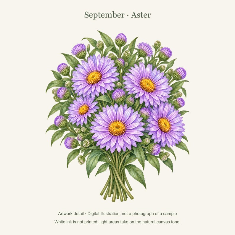 September Birth Flower Tote Bag | Watercolor Aster Bouquet | Natural Cotton Canvas image 11