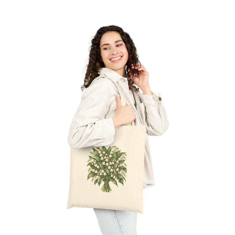 May Birth Flower Tote Bag | Watercolor Lily Of The Valley Bouquet | Natural Cotton Canvas image 5