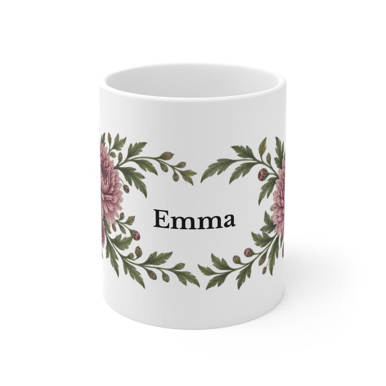 November Birth Flower Mug | Personalized Chrysanthemum Watercolor Wrap | 11oz image 2