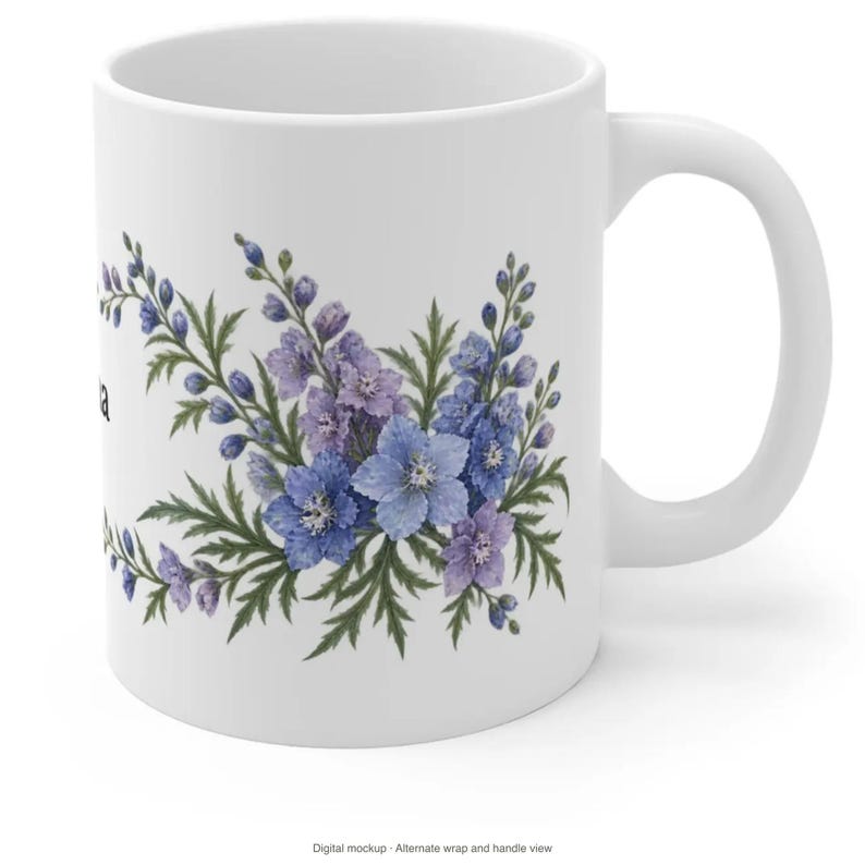 July Birth Flower Mug | Personalized Larkspur Watercolor Wrap | 11oz image 9