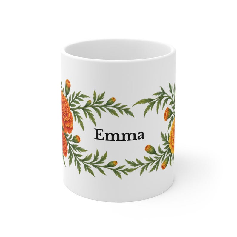 October Birth Flower Mug | Personalized Marigold Watercolor Wrap | 11oz image 2