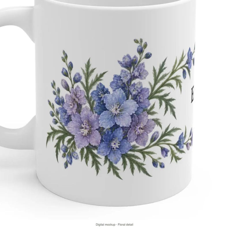 July Birth Flower Mug | Personalized Larkspur Watercolor Wrap | 11oz image 7