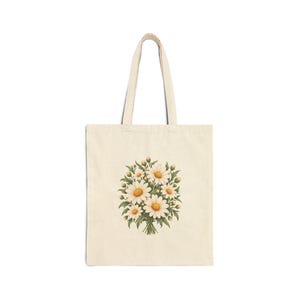 April Birth Flower Tote Bag | Watercolor Daisy Bouquet | Natural Cotton Canvas image 1
