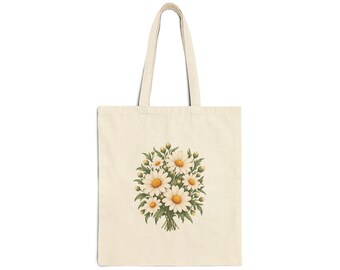 April Birth Flower Tote Bag | Watercolor Daisy Bouquet | Natural Cotton Canvas
