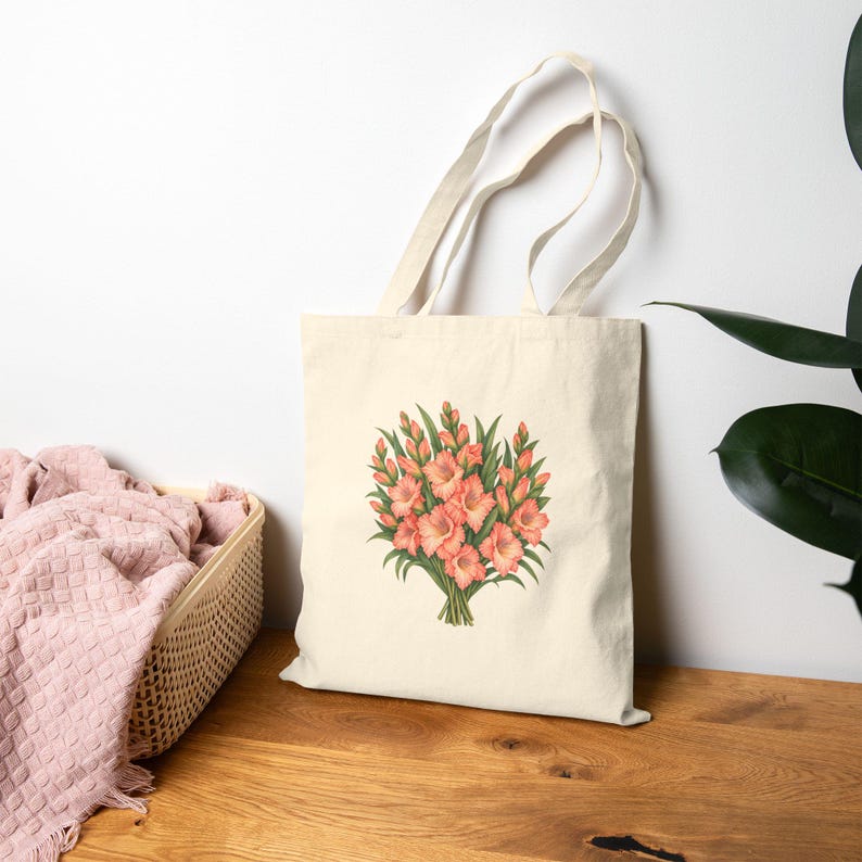August Birth Flower Tote Bag | Watercolor Gladiolus Bouquet | Natural Cotton Canvas image 8