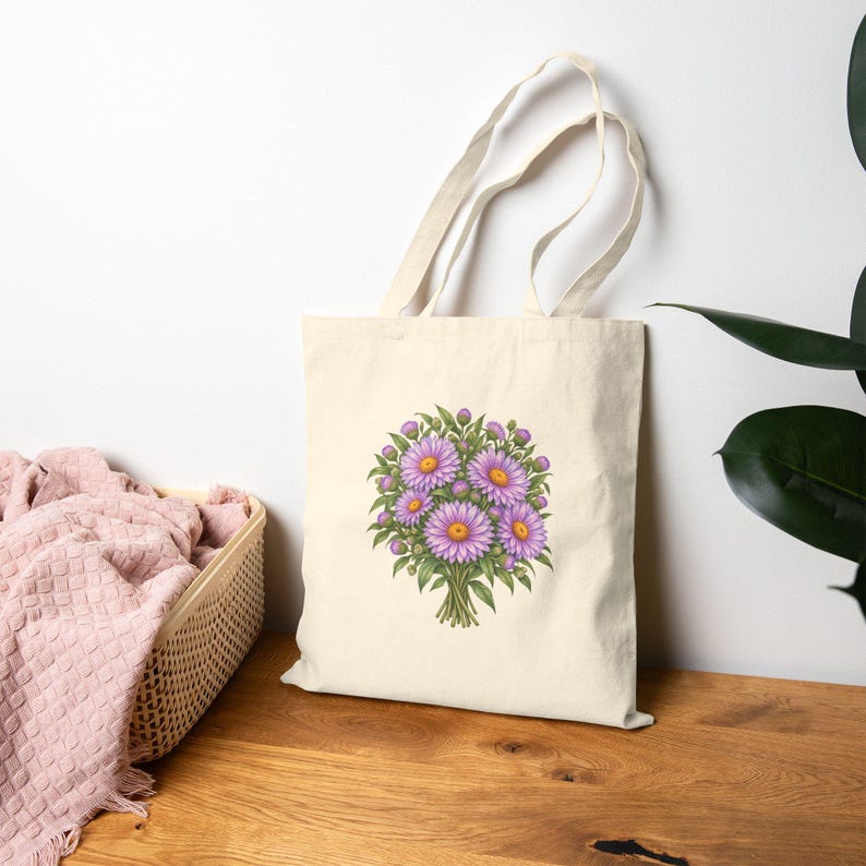 September Birth Flower Tote Bag | Watercolor Aster Bouquet | Natural Cotton Canvas image 8