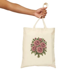 November Birth Flower Tote Bag | Watercolor Chrysanthemum Bouquet | Natural Cotton Canvas image 7