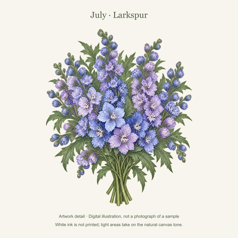 July Birth Flower Tote Bag | Watercolor Larkspur Bouquet | Natural Cotton Canvas image 11