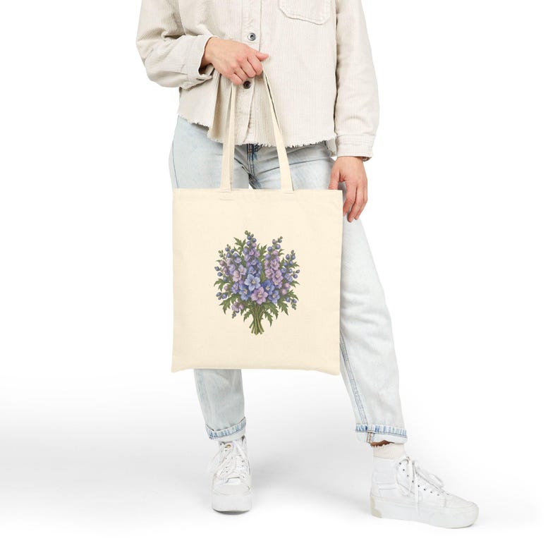 July Birth Flower Tote Bag | Watercolor Larkspur Bouquet | Natural Cotton Canvas image 6