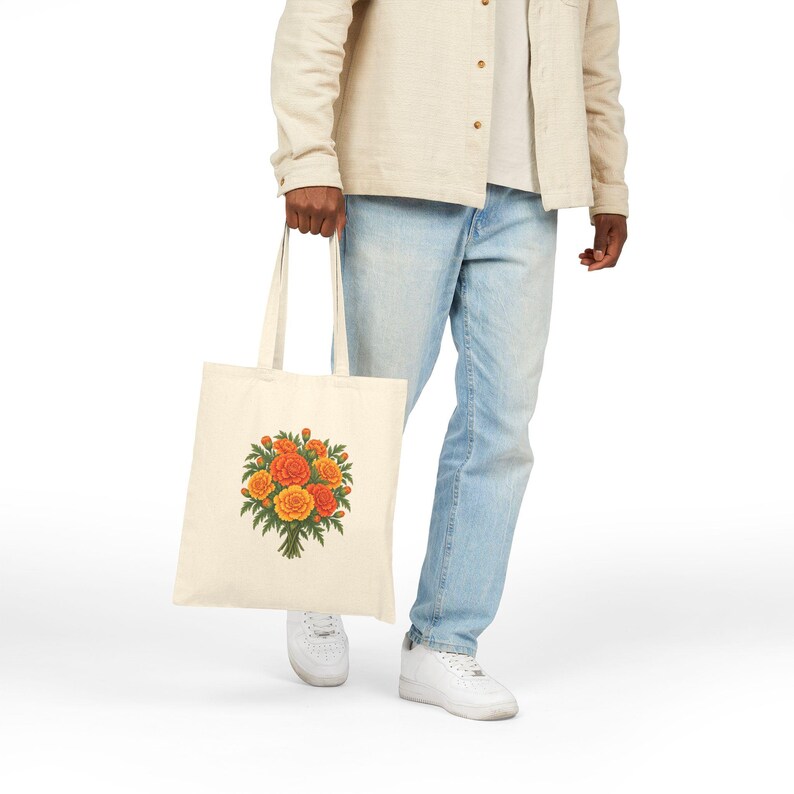 October Birth Flower Tote Bag | Watercolor Marigold Bouquet | Natural Cotton Canvas image 4